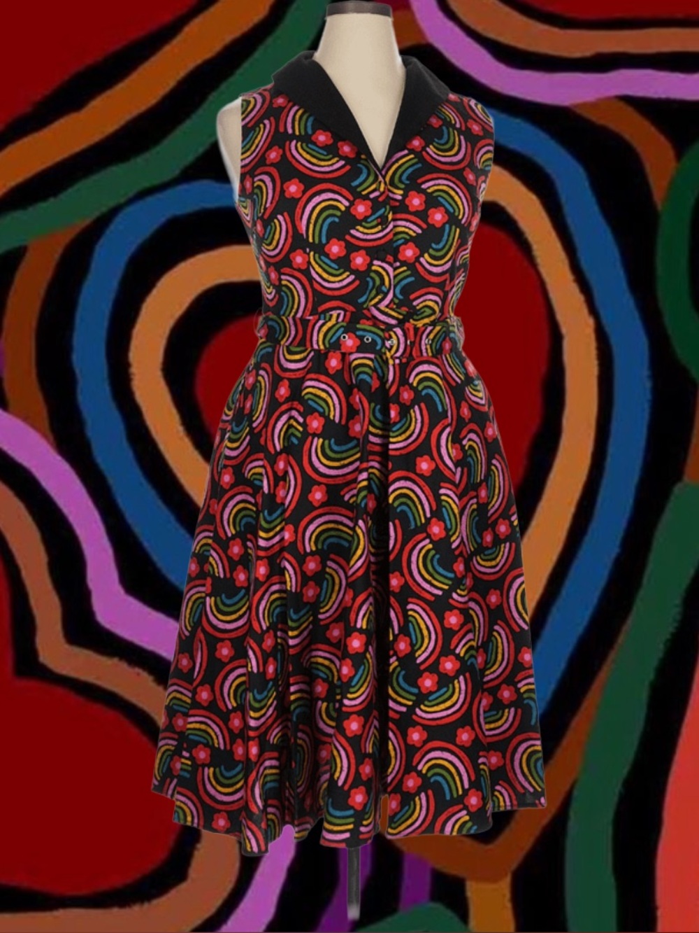 Miss Lulo Retro Rockabilly Style Rainbow Print Fit-and-Flare Dress Black Sz XL